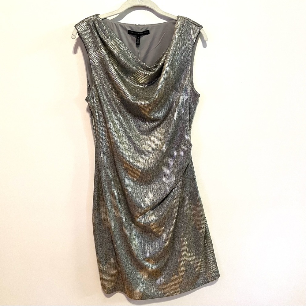 WHBM Metallic Drape Neck Size 10 Shine Dress Gray with Gold Foil NWT